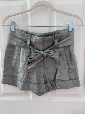 Vince Camuto Metallic Silver High-Waist Paperbag Shorts with Bow